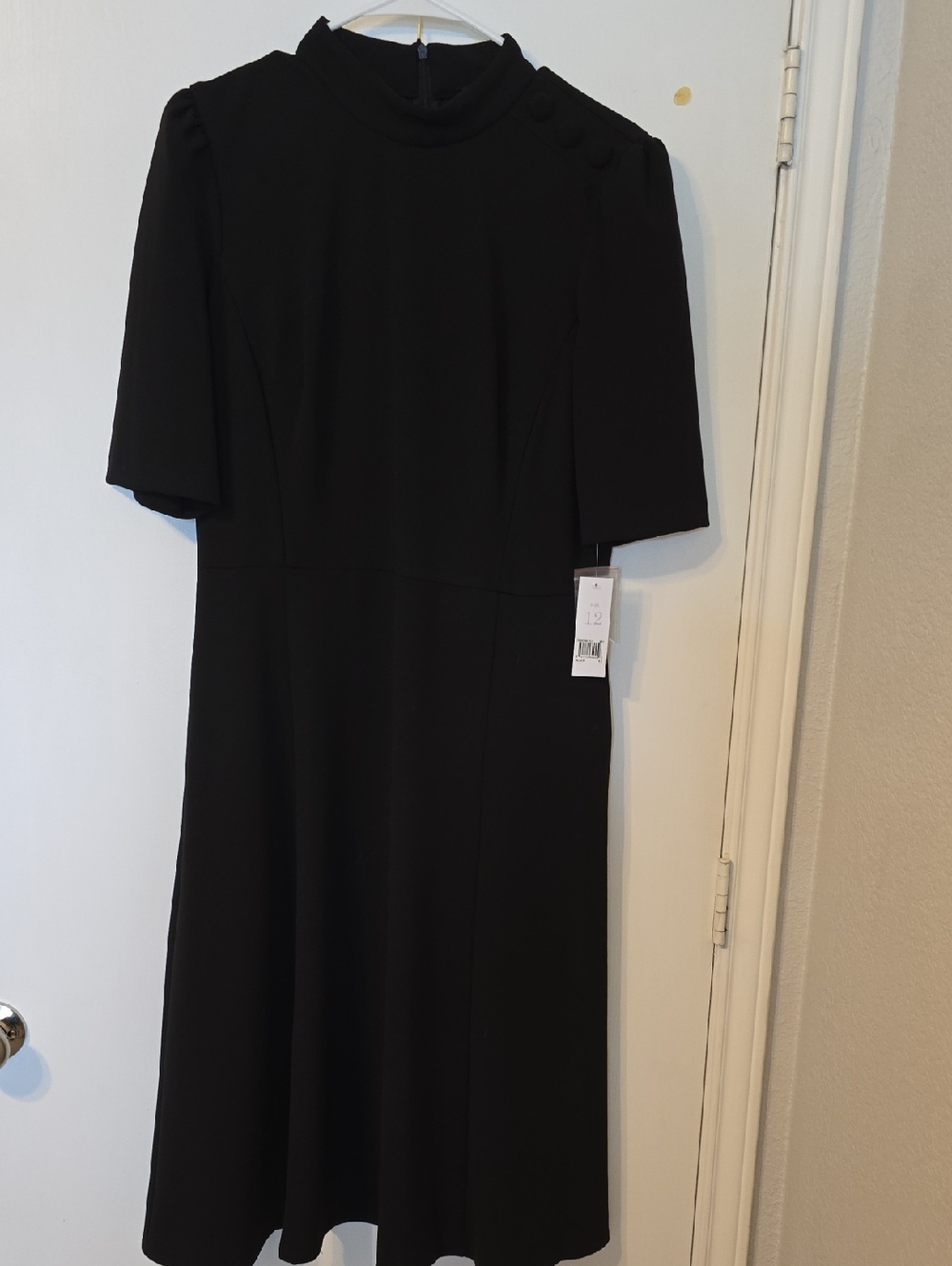 Donna Morgan Black Midi Dress with Mock Neck and Button Shoulder